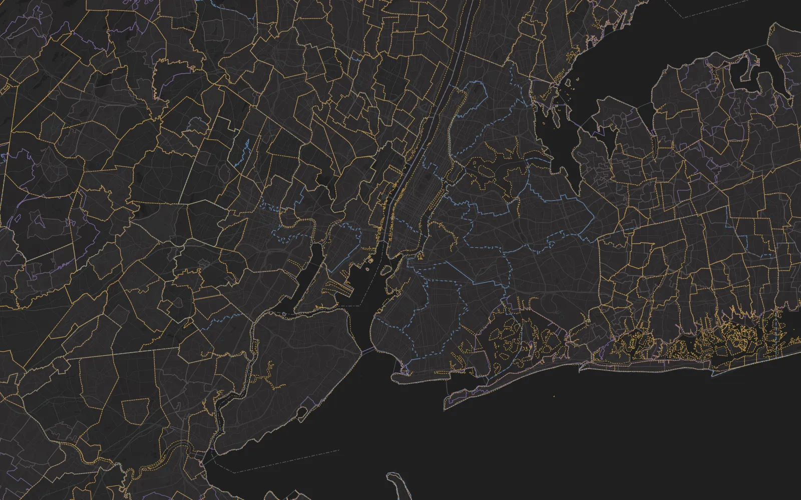 Zoning and jurisdiction boundaries across the New York metro, rendered as a dense web of hairlines