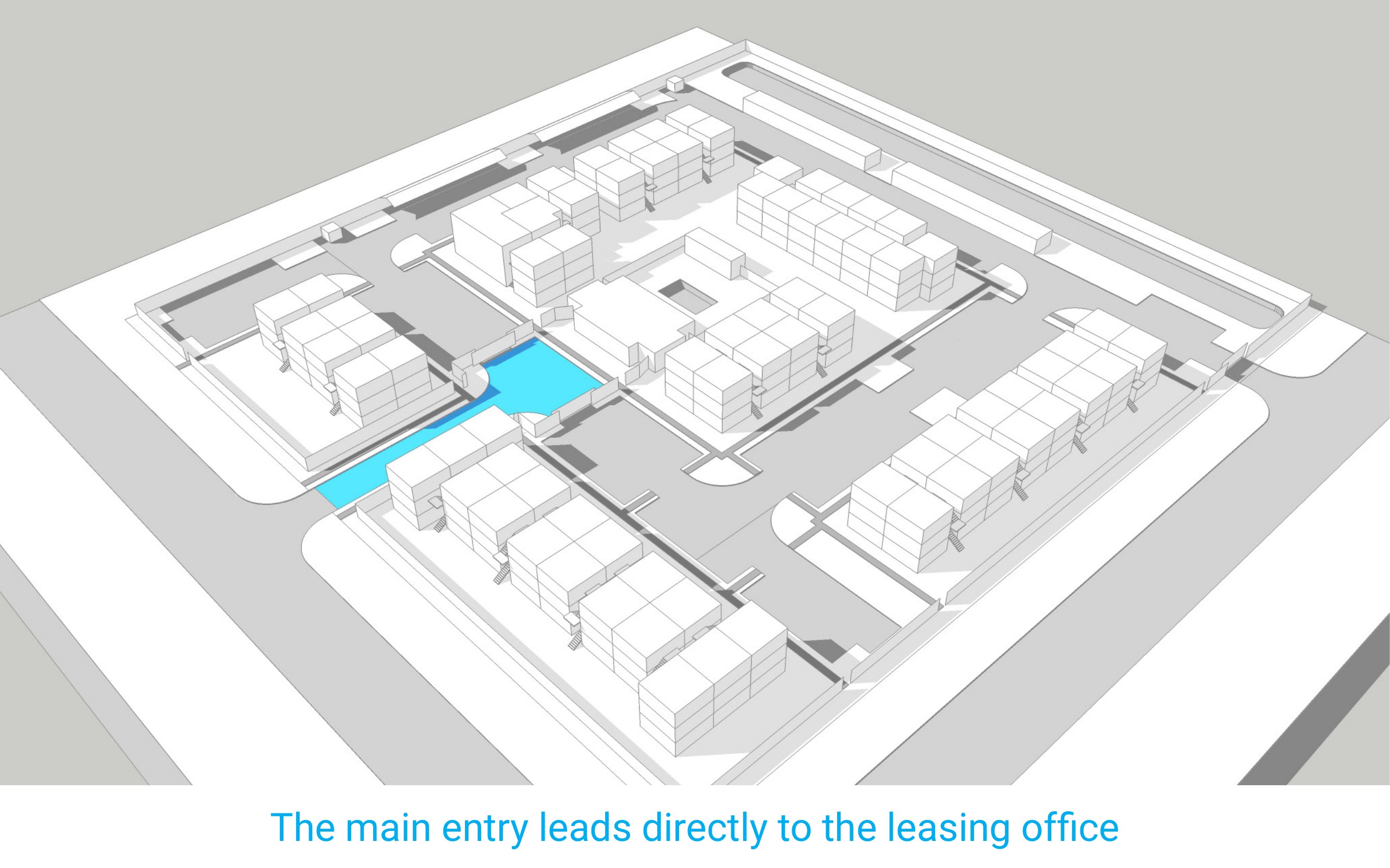 The main entry leads directly to the leasing office