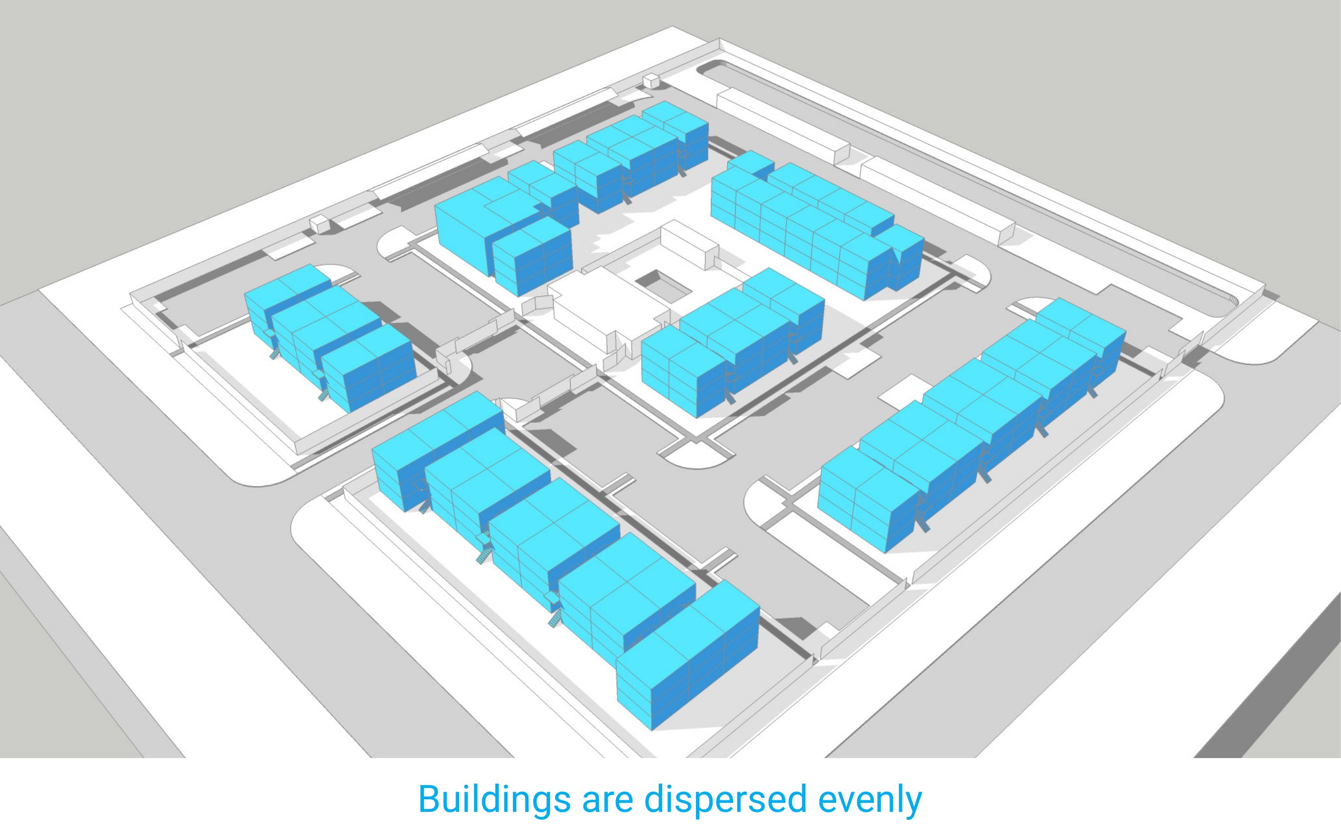 Buildings are dispersed evenly