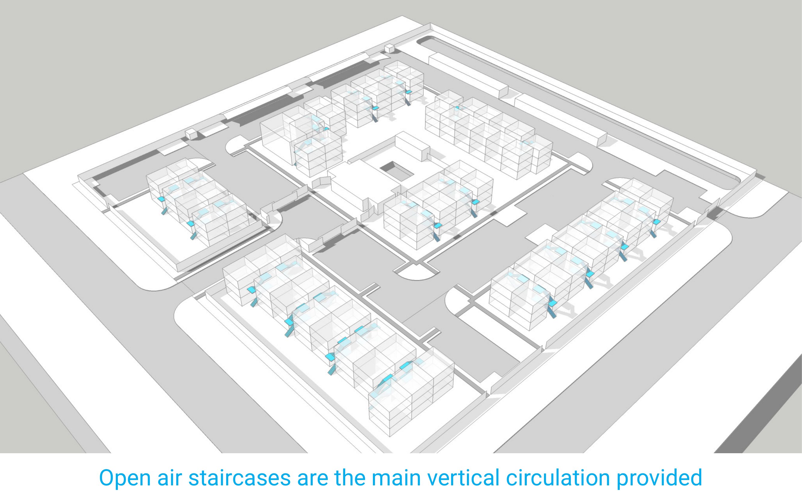 Open air staircases are the main vertical circulation provided