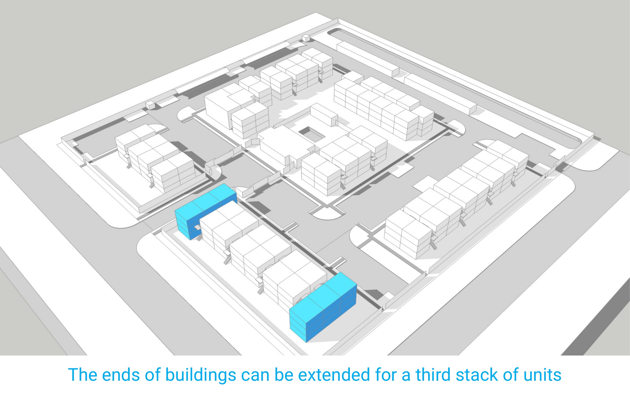 The ends of buildings can be extended for a third stack of units