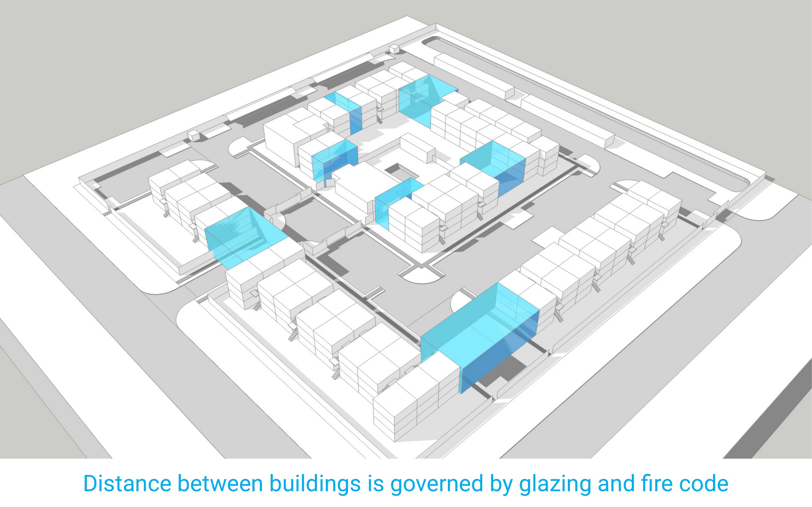 Distance between buildings is governed by glazing and fire code