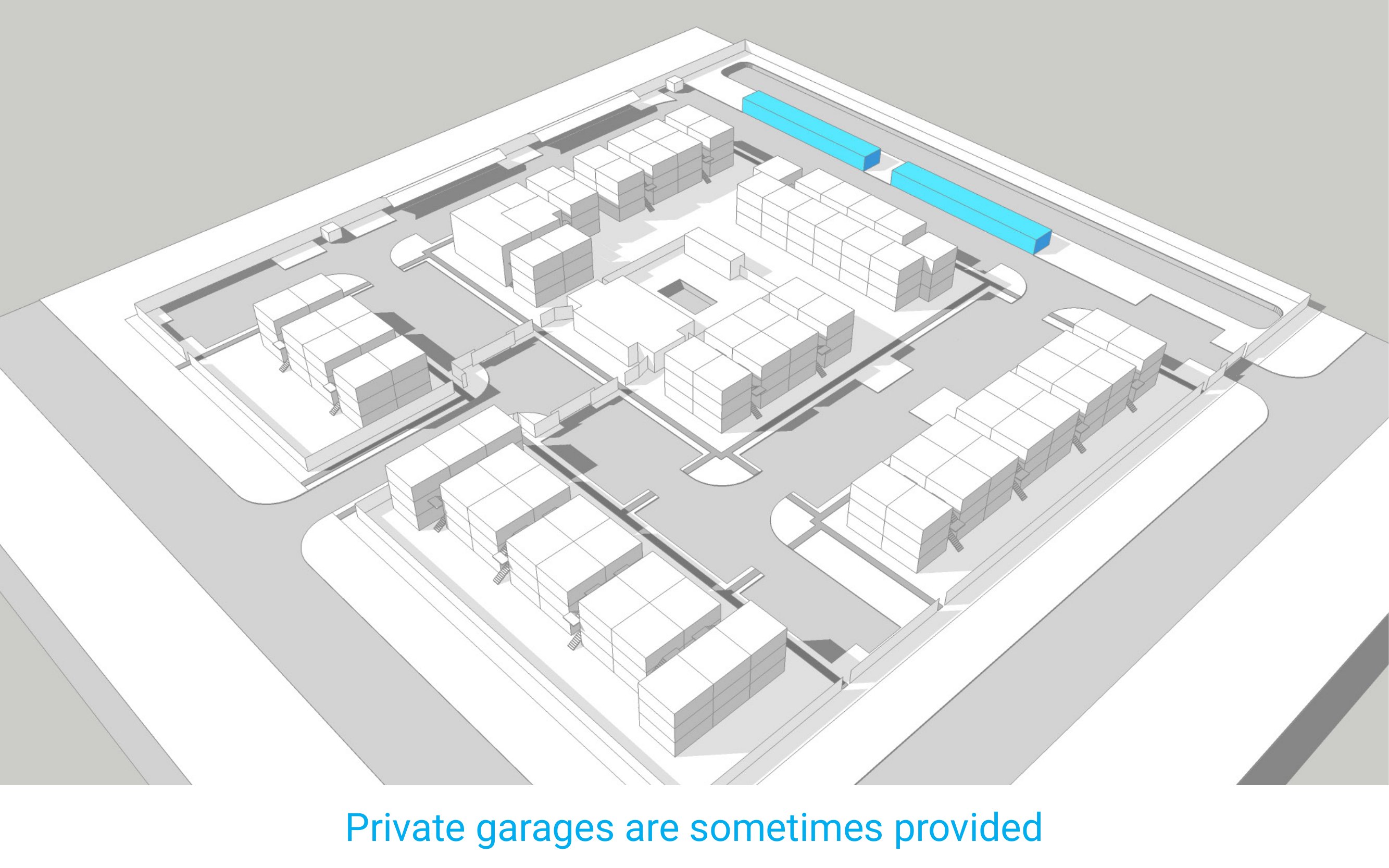 Private garages are sometimes provided