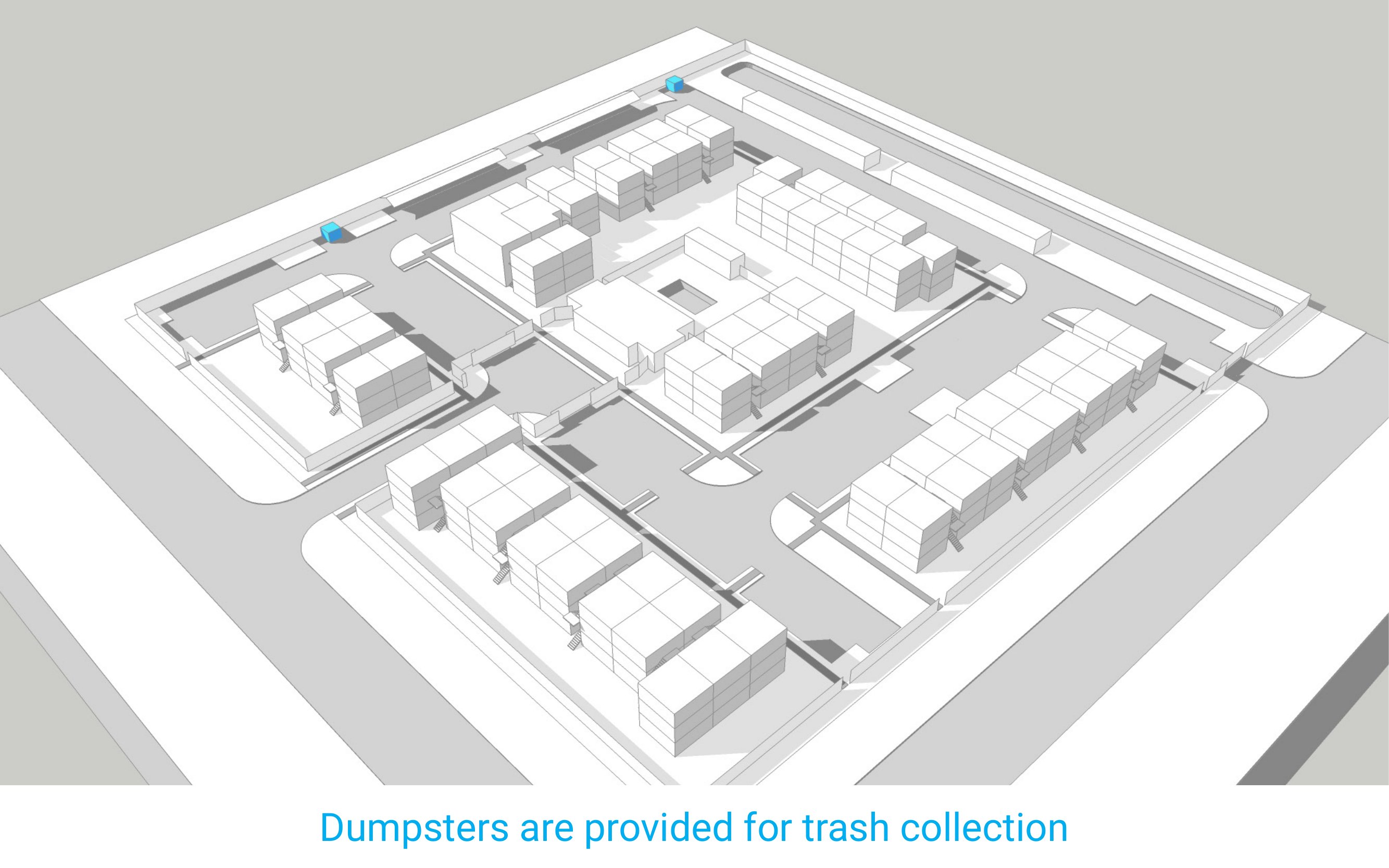 Dumpsters are provided for trash collection